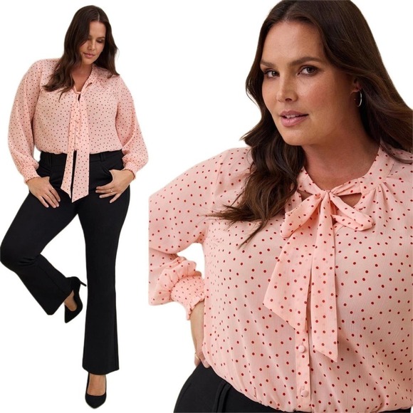 Torrid Chiffon Bow Front Button-Up Long Sleeve Blouse Size 00 / Medium 10 - Picture 2 of 8
